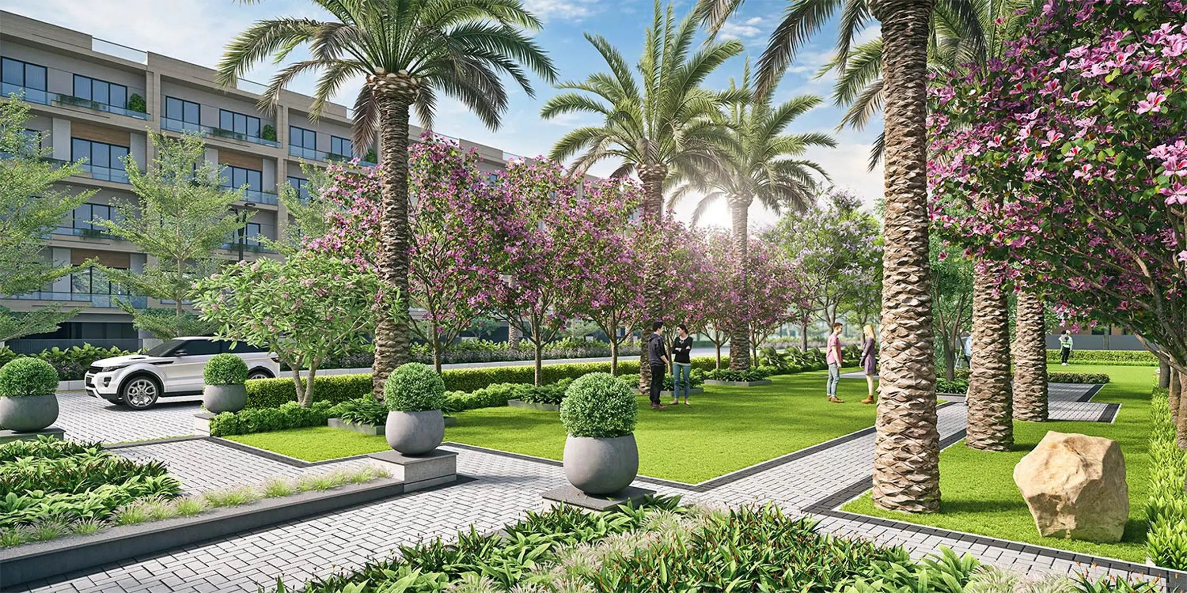 Landscaped garden and green open spaces in Ganga Realty residential project